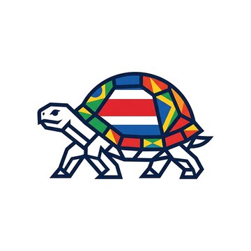 Stylized turtle illustration with a mosaic shell pattern featuring the costa rica national flag design