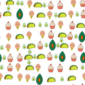 Cute food pattern with tacos, ice cream, cupcakes, and avocados