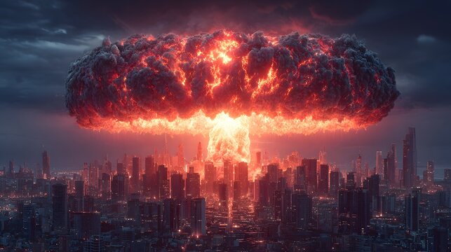 Massive nuclear mushroom cloud explosion threatening modern city skyline under dramatic stormy sky.