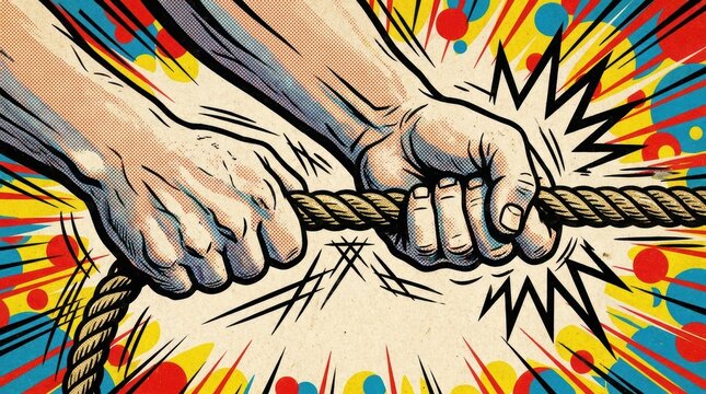 Two hands tightly gripping a thick rope in a dynamic comic book style illustration