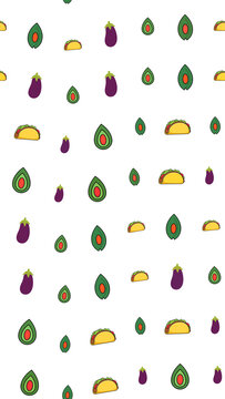 Pattern of eggplants, tacos, and avocados