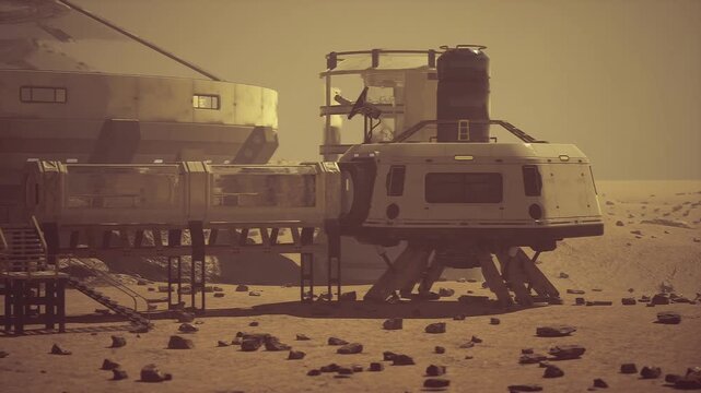 Mars habitat maintenance bay closeup, exterior service hatch and support struts, tools and robotic arms staged for repairs, gritty red dust around pad.