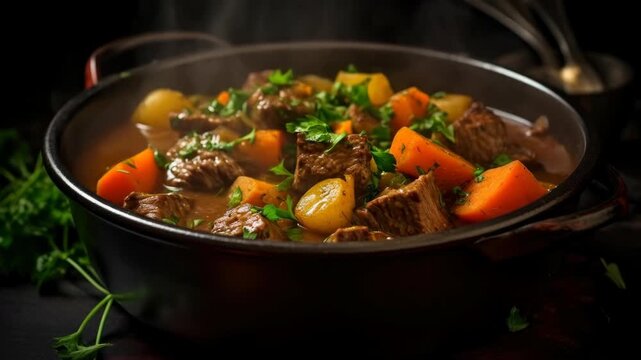 Steaming Beef Stew with Carrots and Potatoes in a Cast Iron Pot