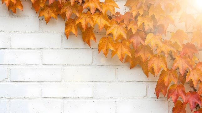 Golden autumn leaves gently fall and cascade down a bright white brick wall illuminated by beautiful warm sunlight creating a lovely seasonal background