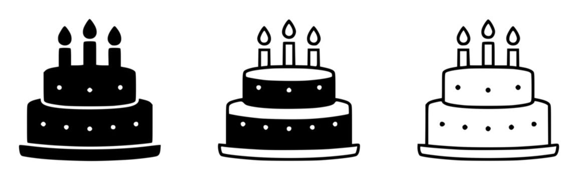 Set of three minimalist birthday cake icons arranged horiz set with simple line art design featuring line art, illustrations, graphic resources with vector and design elements