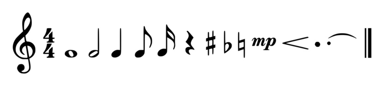 Minimalist vector illustration of various musical symbols set with simple line art design featuring simple design, minimalist, black and white with illustrations and graphics