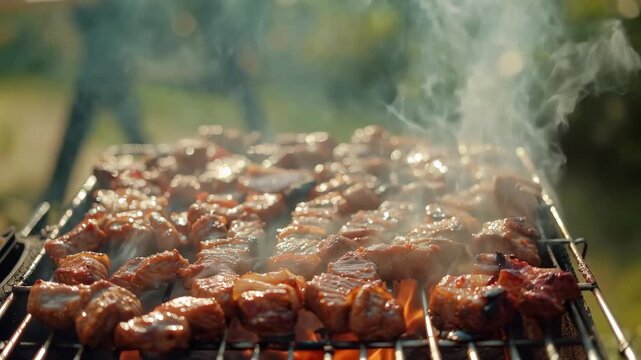 Sizzling Meat Chunks Grilled on a Charcoal Barbecue