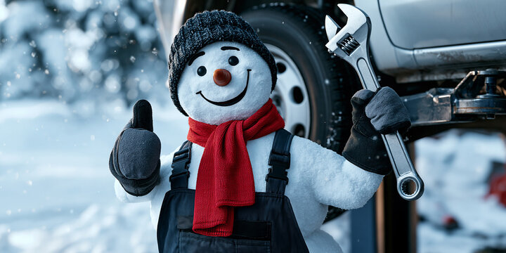 Smiling snowman mechanic wearing a beanie and scarf, holding a wrench and gesturing thumbs up in a snowy outdoor garage