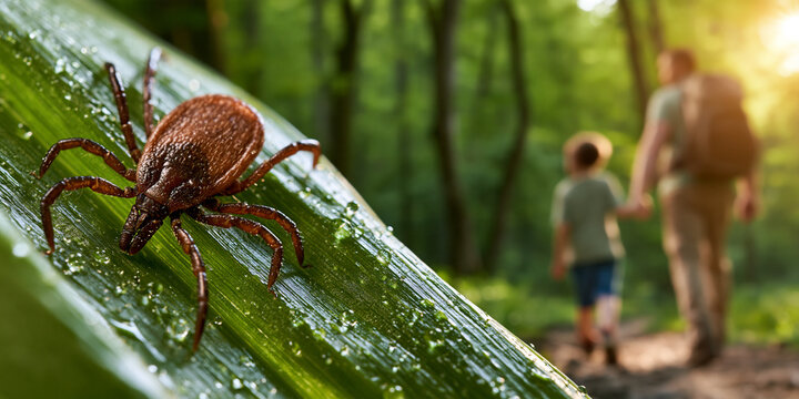 Tick crawling on green leaf with blurred father and son walking in nature, symbolizing danger of insect bites outdoors