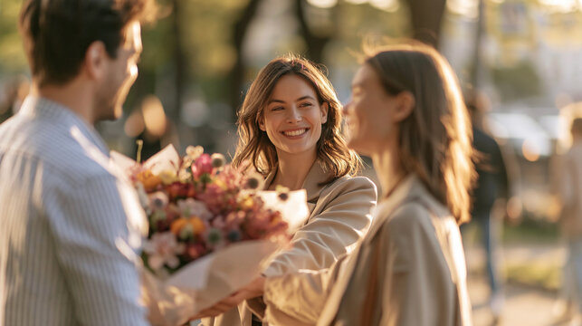 Young man surprising happy woman with beautiful flower bouquet, celebrating special occasion outdoors