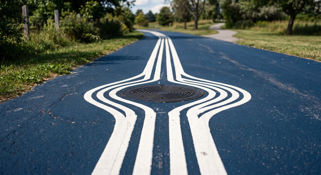 Parallel White Lines Marking Blue Asphalt Road Around Manhole Cover in Park. Concept of bike lane, lane line, road art, pathway, cycle path.