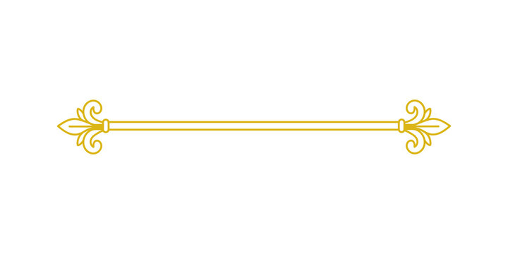 A gold decorative horizontal divider line with ornate fleurdelis ends isolated on transparent background