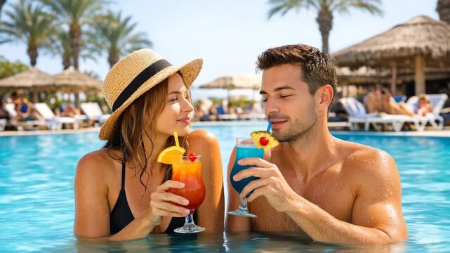 Smiling Couple Enjoying Tropical Cocktails in a Resort Swimming Pool