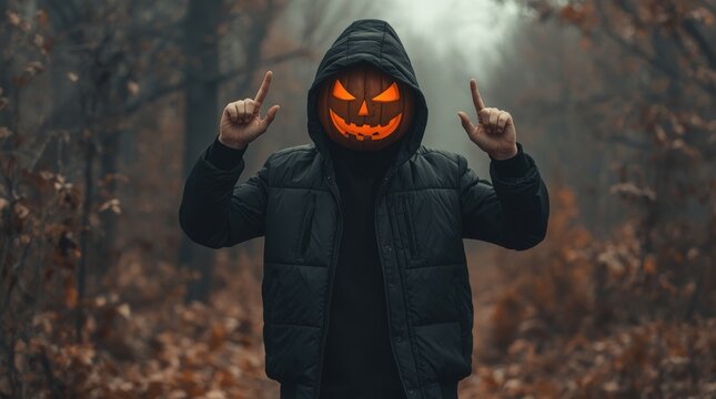 Person wearing hooded jacket and glowing carved pumpkin head in foggy forest with jacko lantern halloween jackolantern mysterious woodland