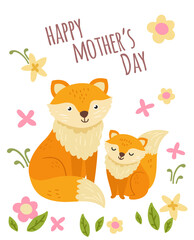 Obraz premium Cute foxes mom and baby on happy mother day card