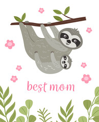 Best mom card. Cute sloth parent and baby © LadadikArt