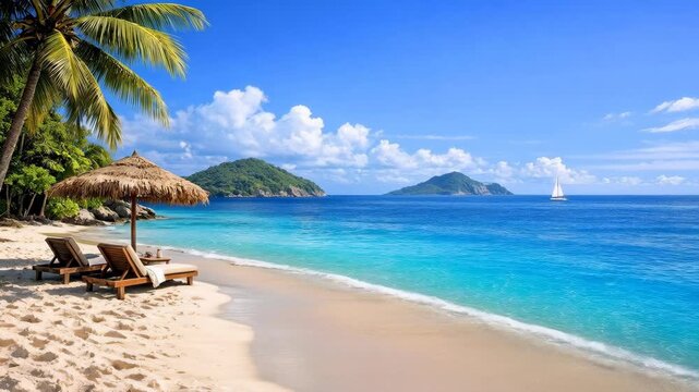 Tropical Beach Paradise with Lounge Chairs and Sailboat on Turquoise Ocean