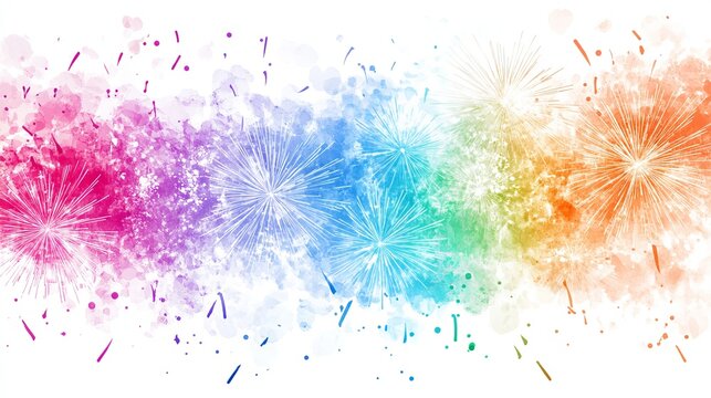 Vivid watercolor explosion in rainbow hues, festive fireworks burst, joyful celebration, perfect for vibrant backgrounds