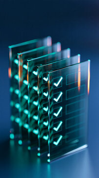 Several transparent checklist sheets arranged in a staggered upright formation teal illuminated checkmarks reflected through overlapping glass edges controlled side lighting