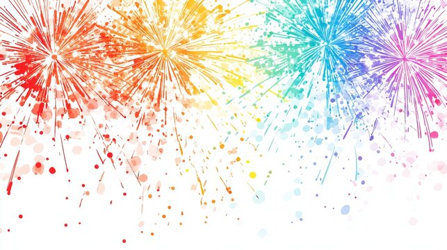 Colorful fireworks burst upward, displaying vibrant hues across a white backdrop, symbolizing celebration and joyful events