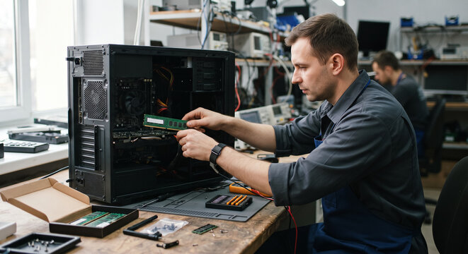 Computer technician installing RAM memory module into desktop PC at workshop desk. Concept of computer repair, memory upgrade, pc assembly, hardware maintenance, computer service.