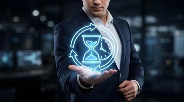  Businessman in Suit Holding Glowing Blue Holographic Hourglass with Circular Refresh Arrow Symbol, Concept of Time Management and Business Cycle
