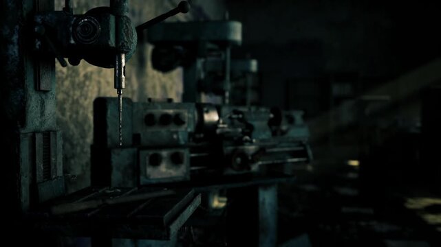 Closeup of drill head and chuck, sharp metal edges and tiny coolant droplets captured with shallow depth, textured oil stains and machining chips in bokeh