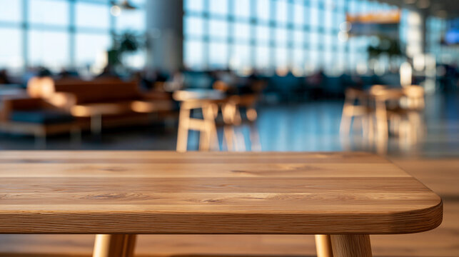 Natural wooden tabletop photographed at a low angle with the far edge sharply defined an airport lounge and large windows softly blurred behind it even daylight revealing fine
