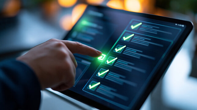 Overhead view of a professional completing a digital survey on a tablet cropped hand selecting a final checkbox beside earlier approved responses soft window light balanced with
