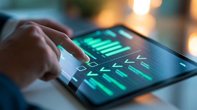 Overhead view of a professional completing a digital survey on a tablet cropped hand selecting a final checkbox beside earlier approved responses soft window light balanced with