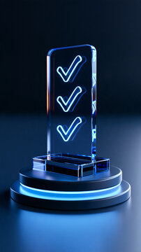 Transparent glass checklist plaque with blue illuminated checkmarks standing on a circular podium soft blue light beneath the platform revealing beveled edges and internal
