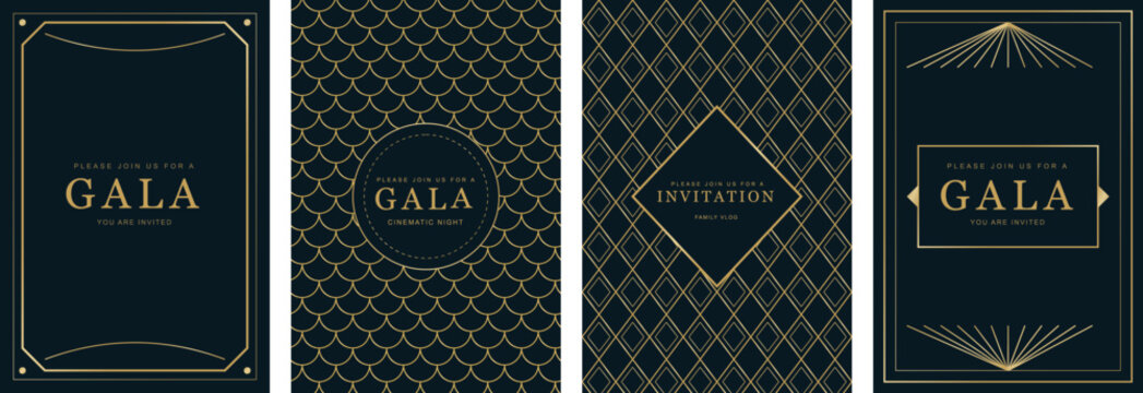 Luxury gold art deco gala and event invitation designs with ornate patterns on dark backgrounds for formal announcements.