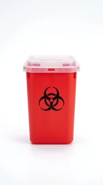 Red Biohazard Sharps Disposal Container Bin with Hazardous Sign for Medical Waste Management, Used Syringes, Needles, and Healthcare Clinic Safety on Plain White Background
