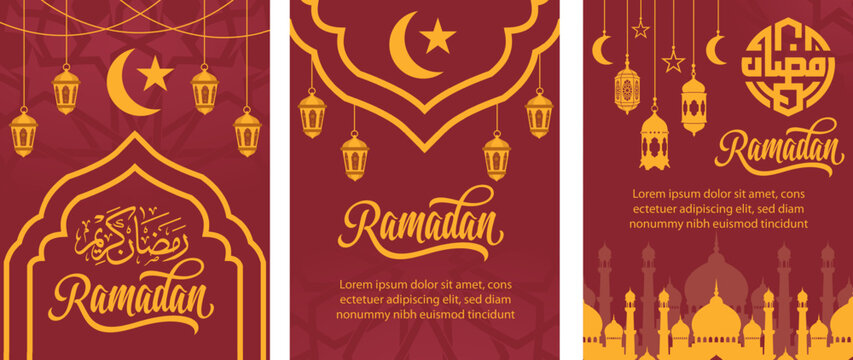 Flat Ramadan Greeting Cards and Banners Set with Crescent Moon and Lanterns Vector Illustration   