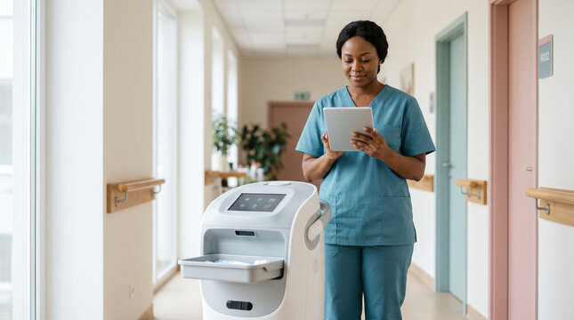 Happy nurse reviewing tablet with medical service robot in hospital corridor. Professional caregiver feeling joyful and focused at work