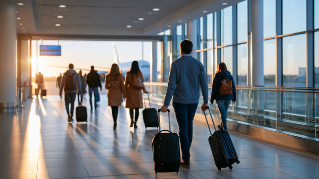 Wide rear view of passengers with carry on luggage walking through an airport boarding corridor toward a glazed gate entrance an aircraft visible outside beyond the passage