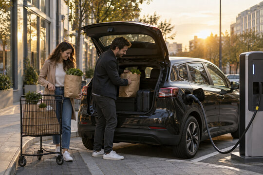 Couple loading fresh groceries into a generic electric crossover while it charges in town for sustainable shopping and family mobility campaigns