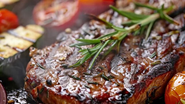 Close-up of Grilled Meat with Rosemary and Roasted Cherry Tomatoes