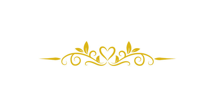 Golden decorative floral divider with a central heart shape isolated on transparent background