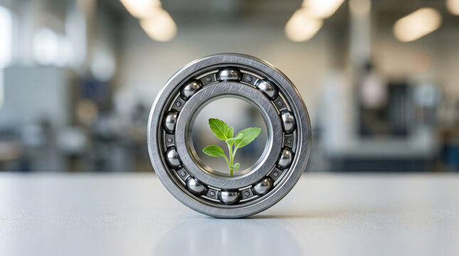 Green plant inside precision bearing steel mechanical component showing hopeful sustainable industry development and circular economy concept