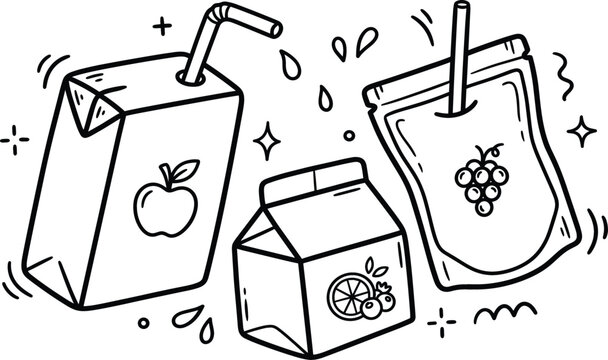 Organic fruit juice carton box and beverage pouch vector icons set with fruit doodles