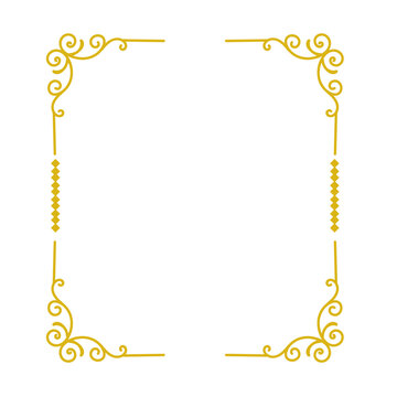 Gold vintage decorative frame border with flourishes and corners, isolated on transparent background