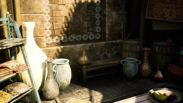 Large white vase catching sunlight on stone shelf, glossy glaze contrasts with rough brick backdrop, delicate highlights emphasize form, ambient market mood