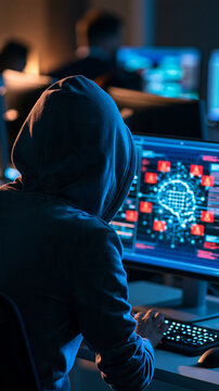Rear view of a hooded figure at a dark workstation shoulders framing a display with an artificial intelligence processor diagram and red warning badges blue monitor light