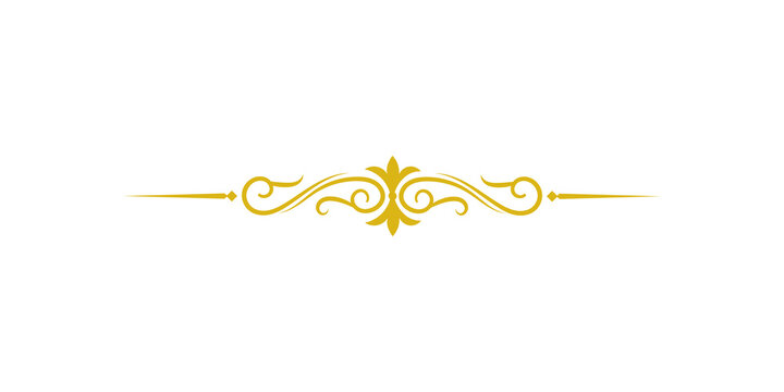 A goldcolored decorative flourish divider with scrollwork and a central floral element, isolated on transparent background