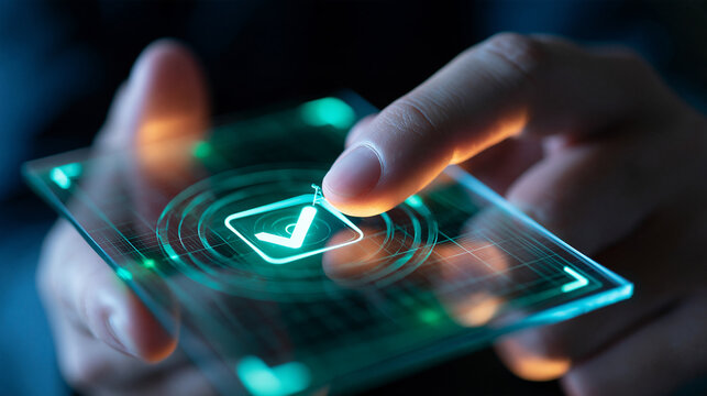 Cropped close view of a hand marking a luminous virtual checkbox beside a small target symbol fingertips sharply focused against a softly blurred dark background green