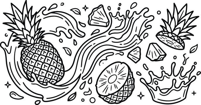 Organic pineapple fruit juice splash element vector set featuring whole and sliced fruit outlines