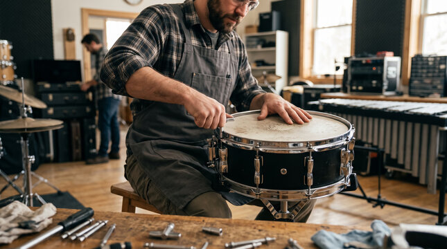 Professional craftsman tuning snare drum with drum key in musical instrument repair workshop. Concept of percussion repair.