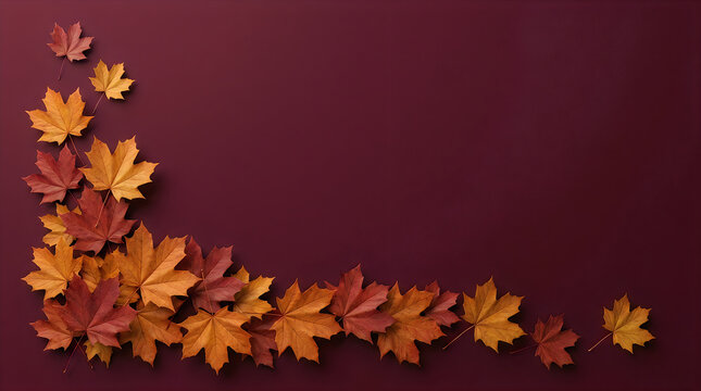 Autumn leaves forming a decorative corner on a rich burgundy background