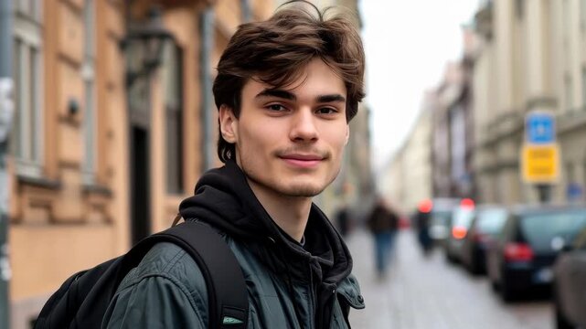 Portrait of a Smiling Young Man with Messy Hair on a City Street